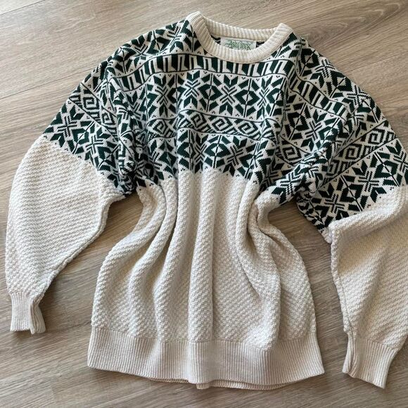 Vintage Fair Isle Knit Sweater Fisherman Cream & Green Chunky Cozy Unisex XL 90s - Picture 3 of 8